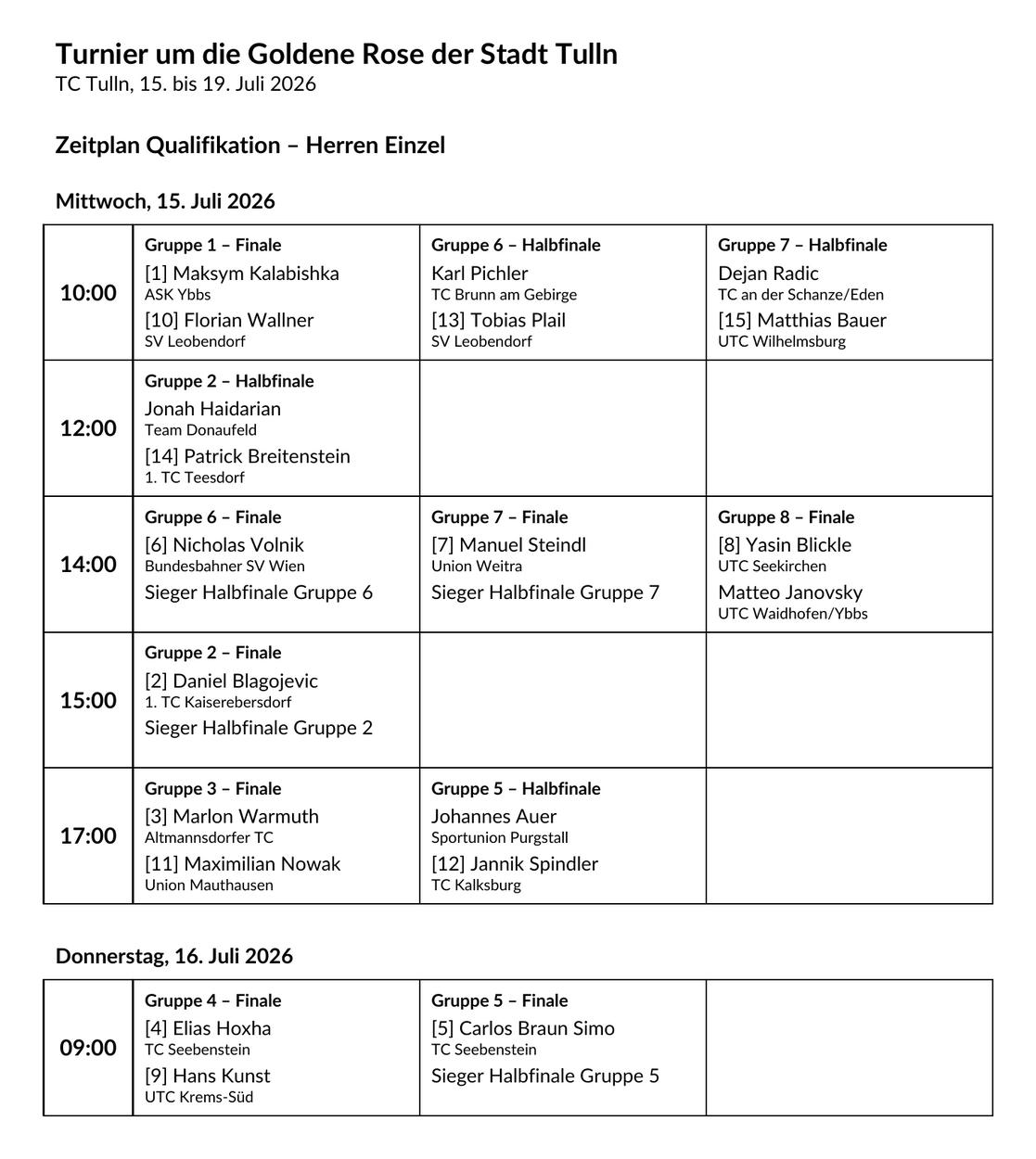 Spielplan der Goldenen Rose der Stadt Tulln